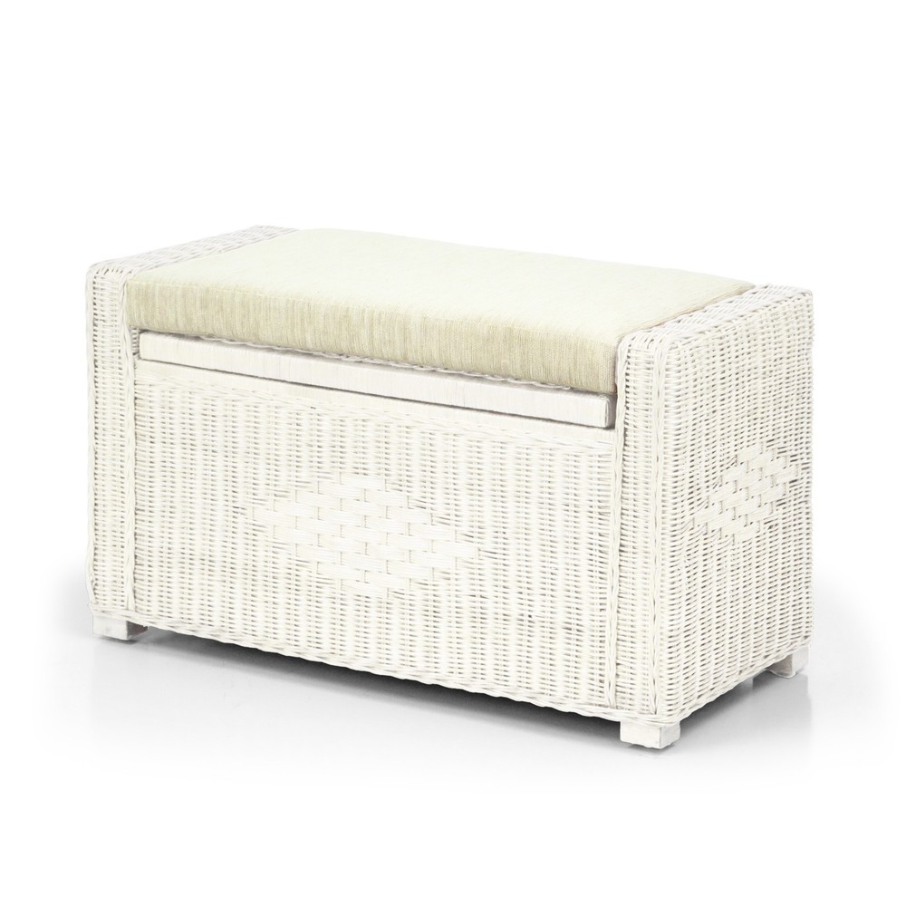 Handmade Rectangular Chest Ottoman Bruno Rattan Wicker w/Cushion 32", White