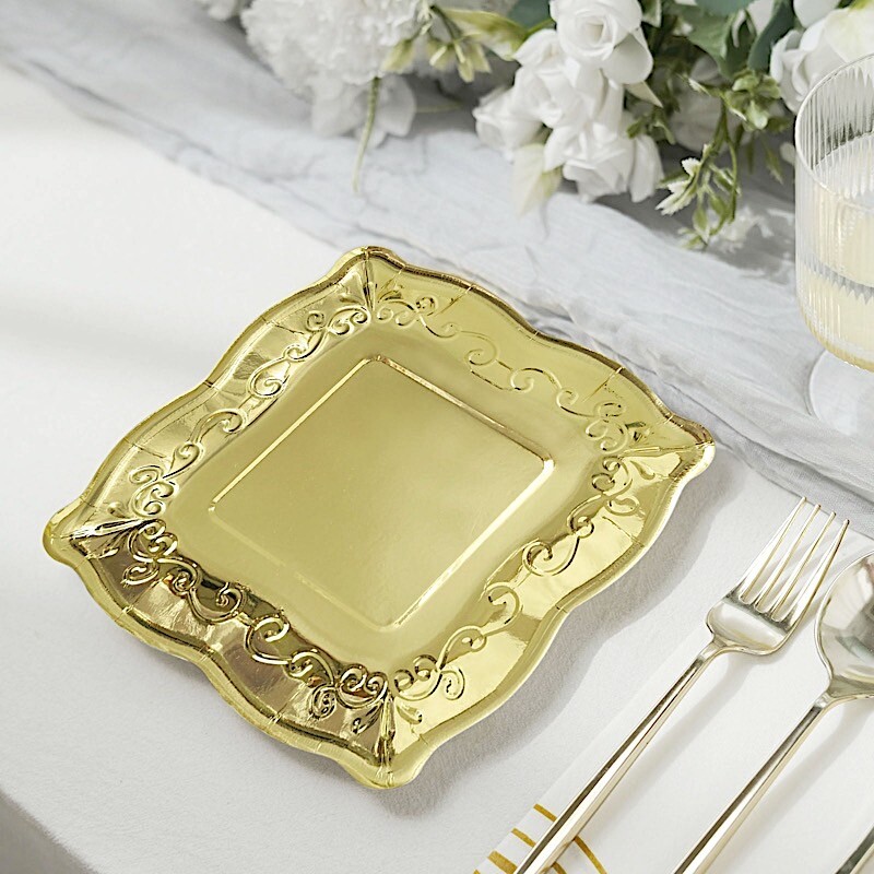 25 Square 7" Paper Dessert Dinner Plates Scroll Design Rim Party Event Tableware