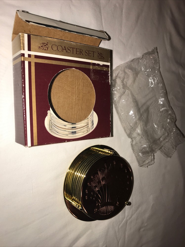 Vintage 6 Etched Gold Plated Drink Coasters & Rack Holder Caddy Shell Deco Fan