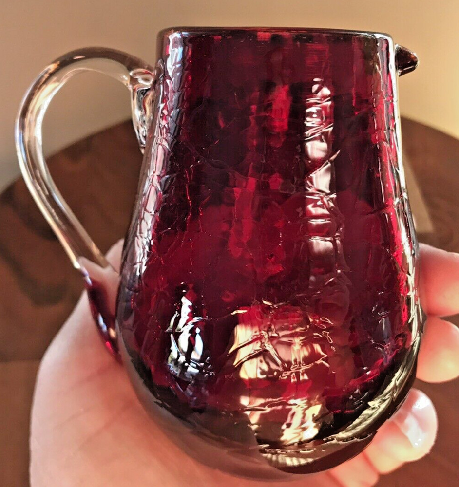 Hand Blown Ruby Red Crackle Glass Pitcher Clear Handle Pontil 3.75"