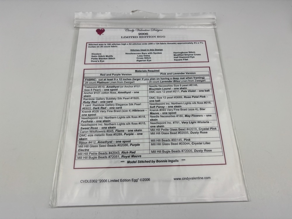 Cindy Valentine Designs 2006 Egg Sampler Hardanger Needlepoint Pattern 7S