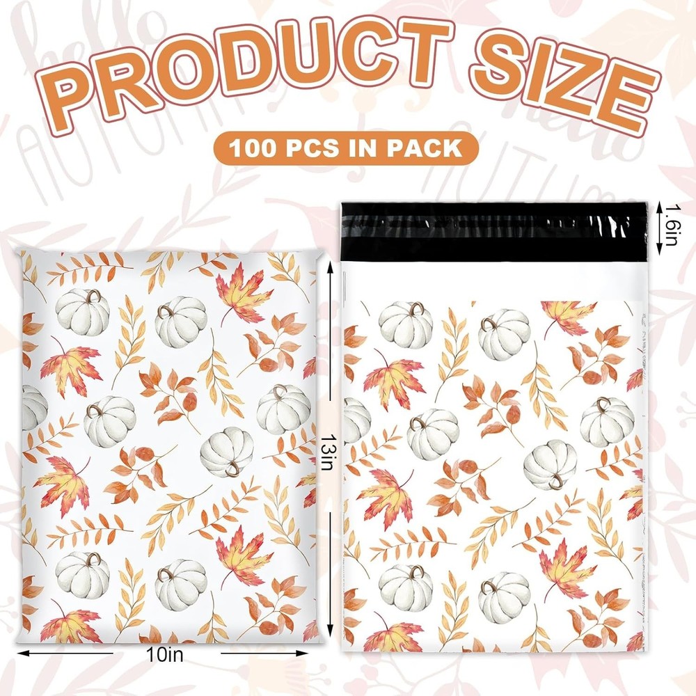 100Pcs Fall Poly Mailers 10 X 13 Inch Watercolor Pumpkin Pattern Envelope Mailer
