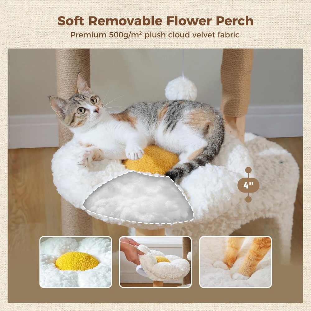 48.5'' Modern Cat Tree for Large, Cozy Hammock, Scratching Post, White