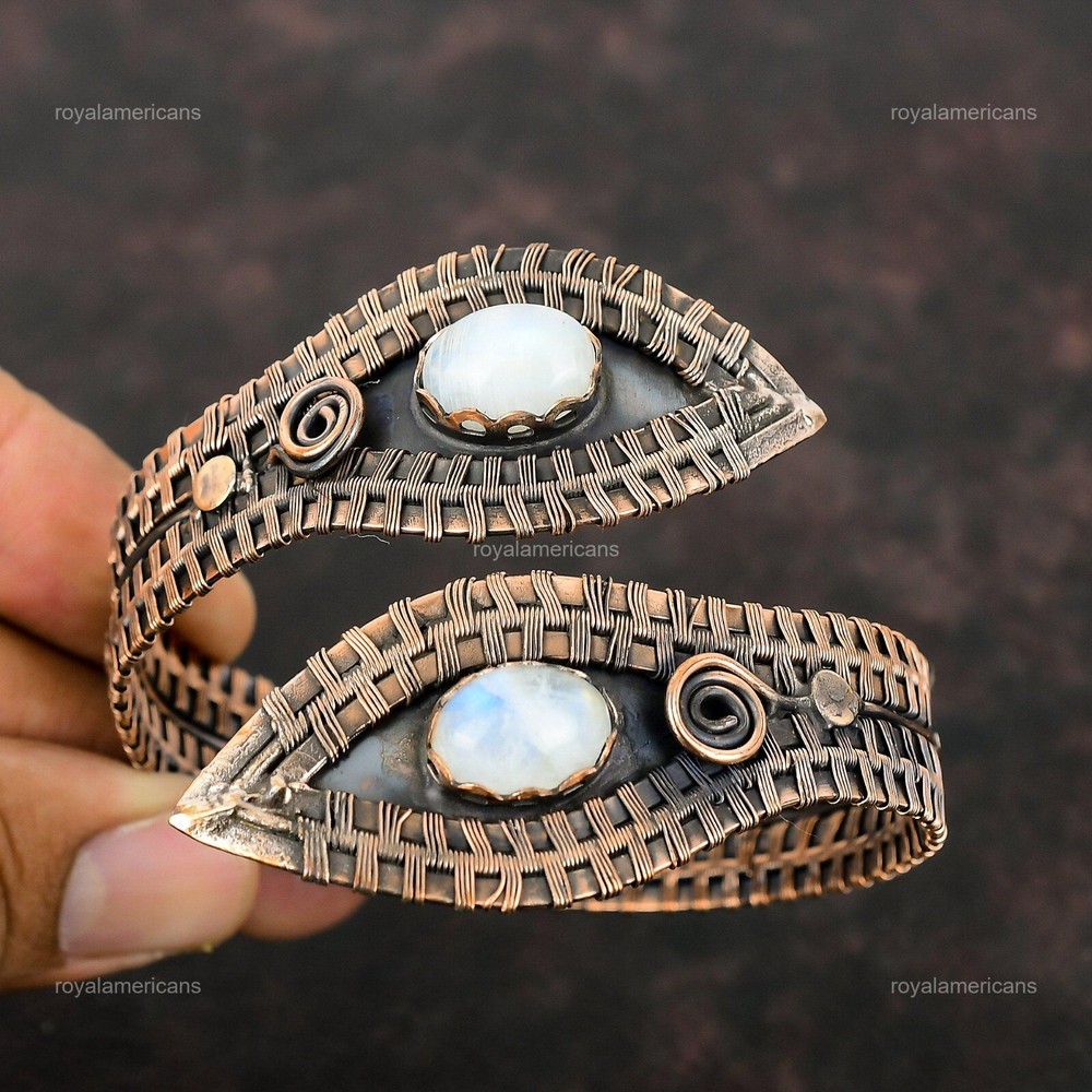 Copper Oval Rainbow Moonstone Gemstone Handcrafted Twisted Boho Bangle Jewelry