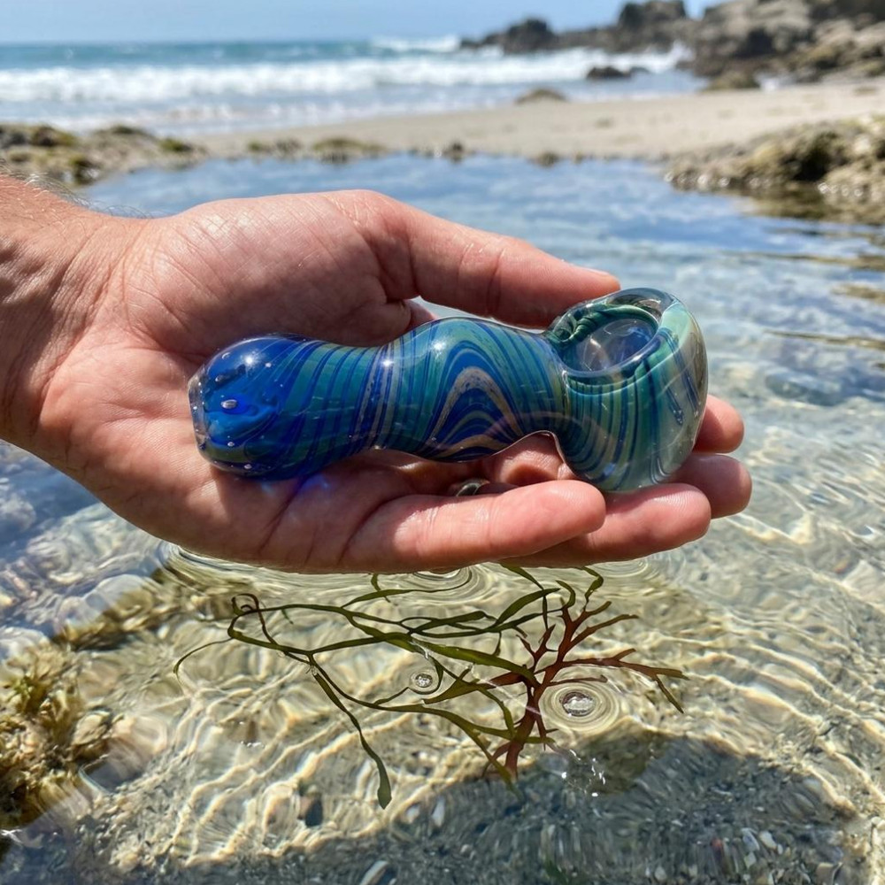 Fancy Work Spoon Pipe | Cobalt  W/ Green Squiggly's | 3.75 - 4"