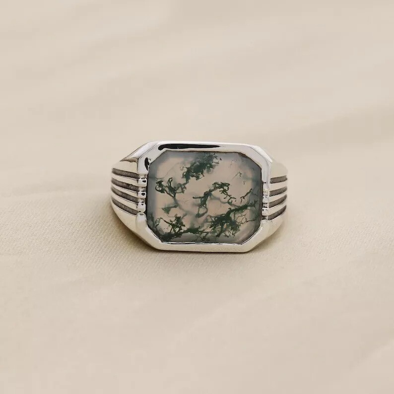 Natural Moss Agate Ring 925 Sterling Silver Ring Men's Agate Ring Gift For Him