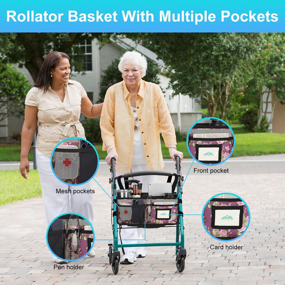 Rollator Basket, Rollator Walker Bag W/Cup Holder, Foldable Rolling Walker Wate