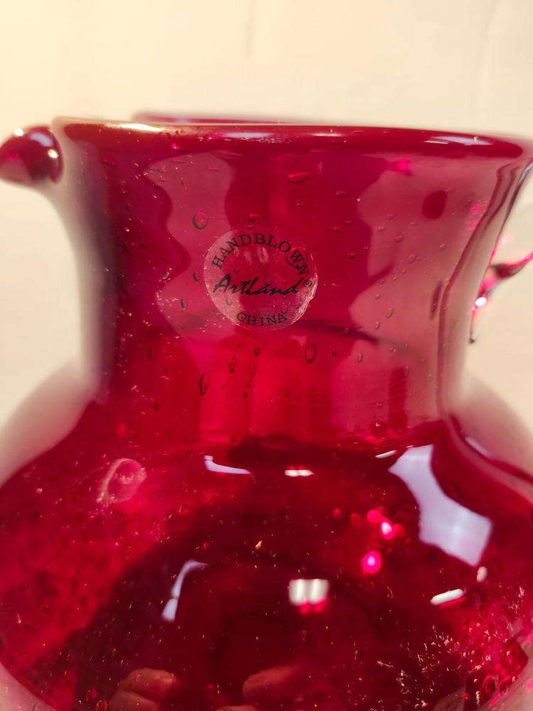 Artland Iris Ruby Red Hand Blown 80 oz Pitcher – 7.25" Tall, Seeded Bubbles