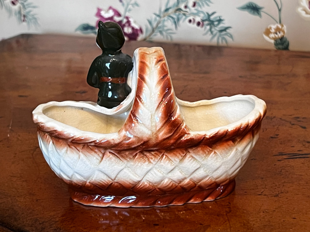 Vintage MCM Springtime Pixie Elf Ceramic Basket Planter Japan