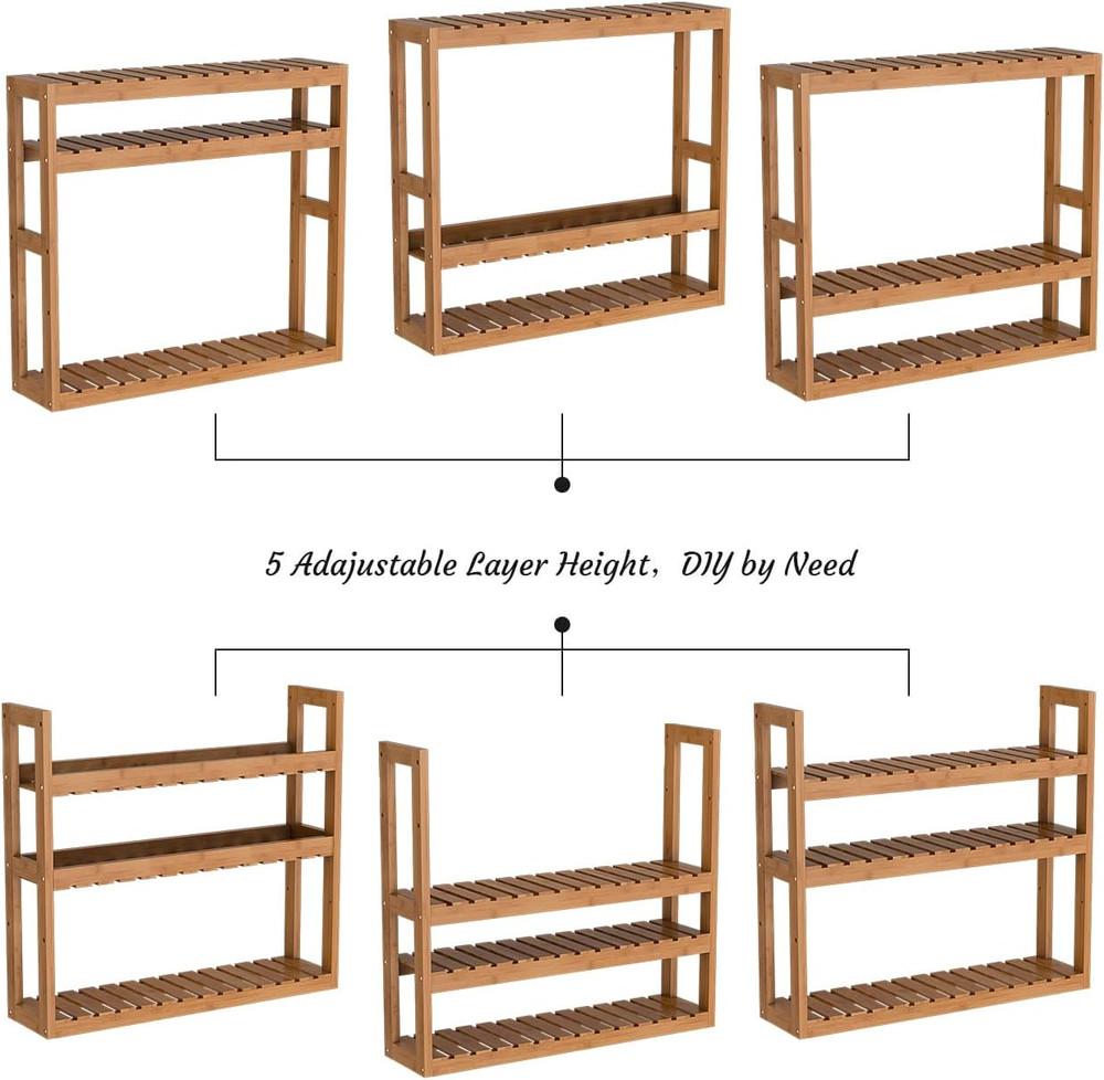 Bamboo Bathroom Shelf 3-Tier Wall Mount Storage Rack Multifunctional Adjustable