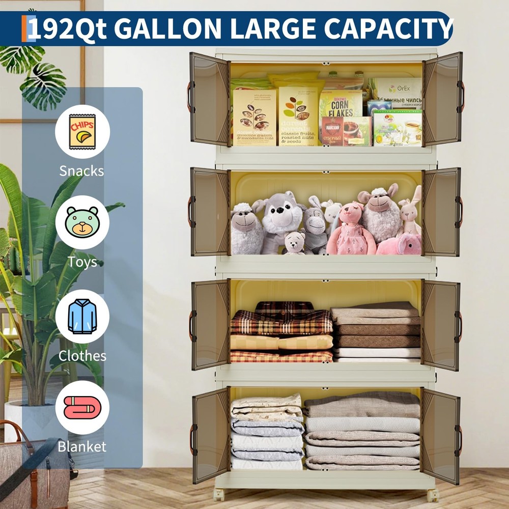 192QT Stackable Storage Bins, Folding Storage with Magnetic Doors & Wheels, L...