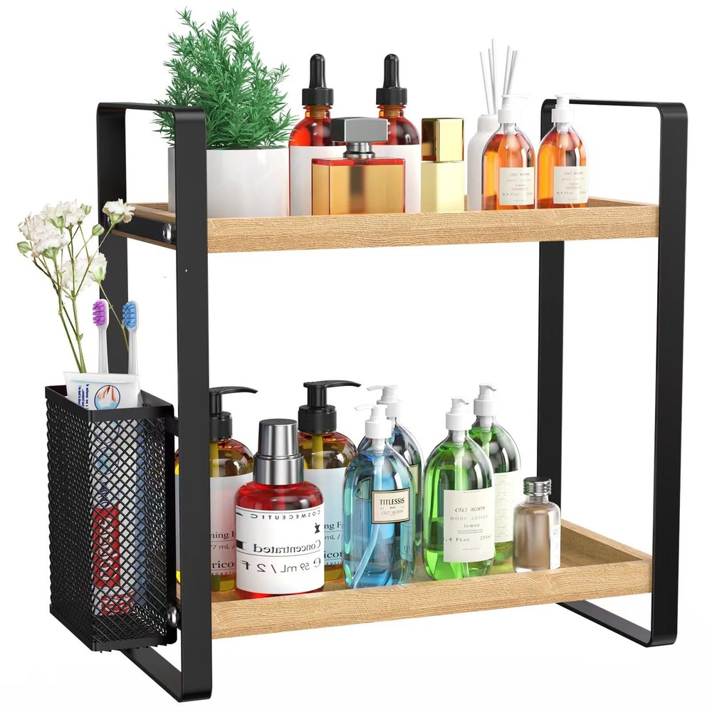 LEMIKKLE Bathroom Counter Organizer with Basket, Light Brown