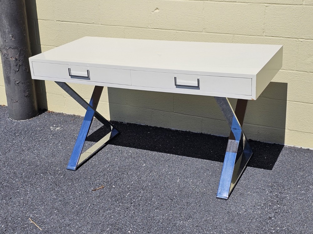 MCM Milo Baughman? Style Campaign Writing Desk White Lacquer & X Chrome Base