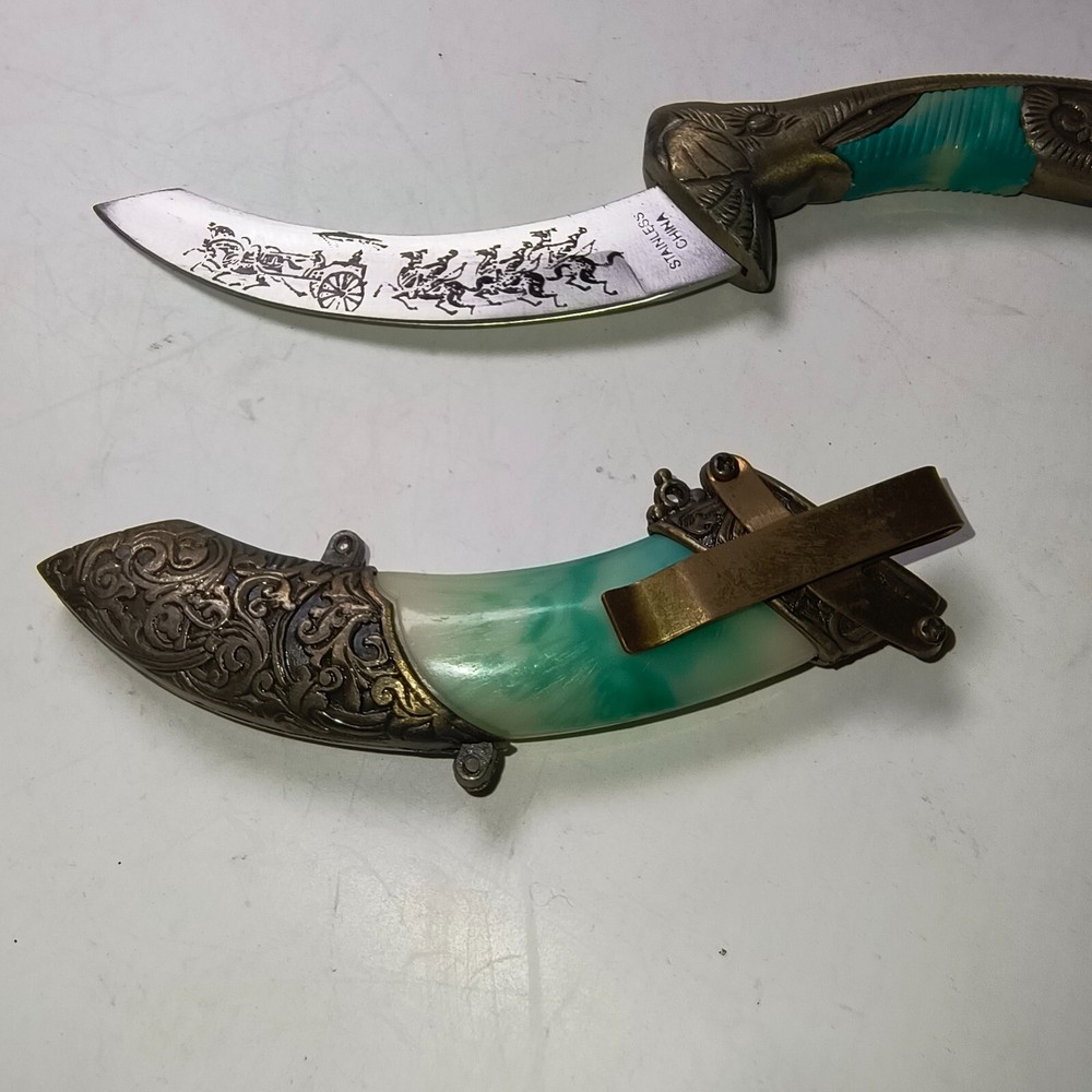Chinese DAGGER STAINLESS INSCRIBED BLADE 4''ELEPHANT HEAD RUBY STONE & SHEATH