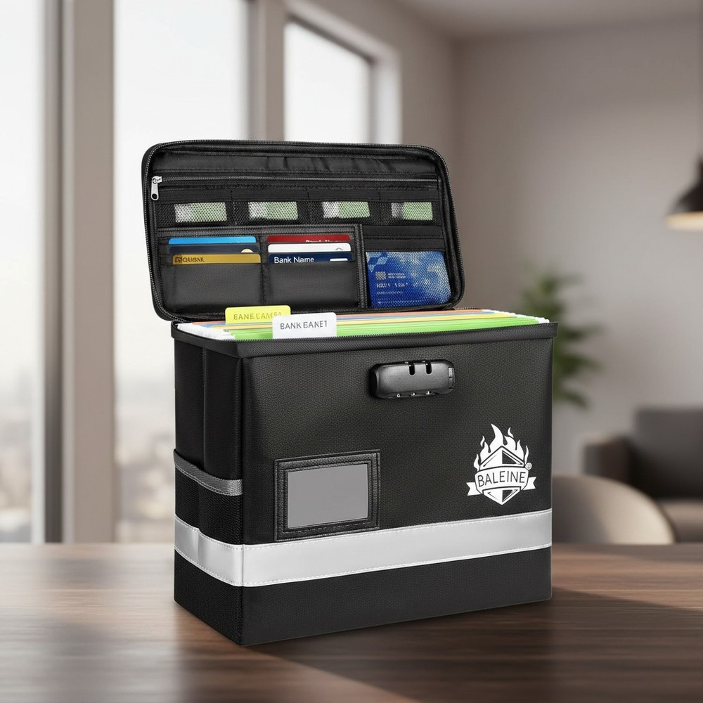 Portable Fireproof Document Bag with Combination Lock - Large 14 Compartment