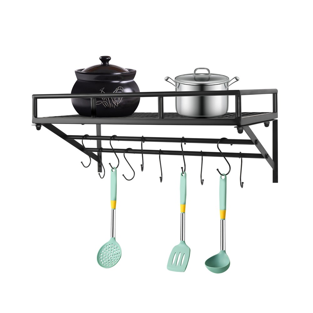 Kitchen Wall Mounted Storage Shelf Cookware Pan Pot Organizer Rack with 10 Hooks