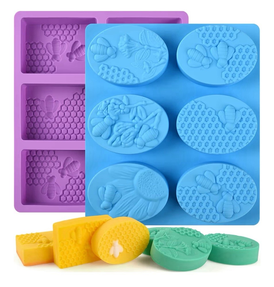 2 Pack 6 Cavity Bee Silicone Soap Molds Rectangle Oval Honeycomb Silicone Mol...