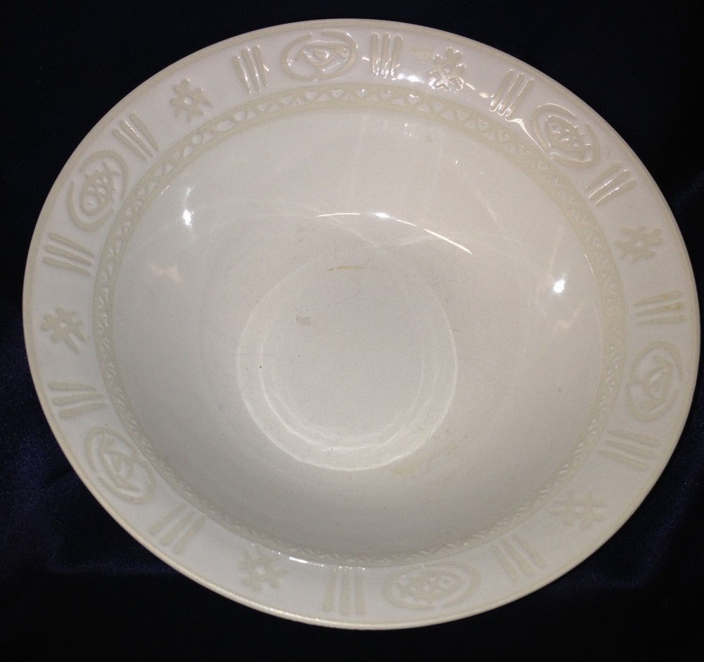 SANGO STONEWARE BISCAYNE 9 1/2" ROUND VEGETABLE BOWL TAN BORDER ON WHITE