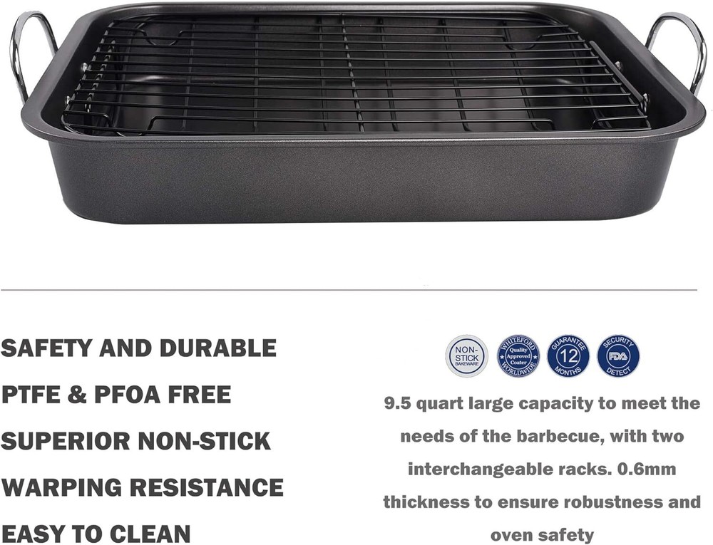 kitCom Nonstick Roasting Pan, Roaster with Rack - 16 Inch Rectangular Grill Suit