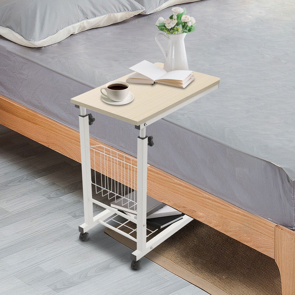 Adjustable Bed Side Table With Wheels, 2 Tier C Shaped Mobile Standalone Table