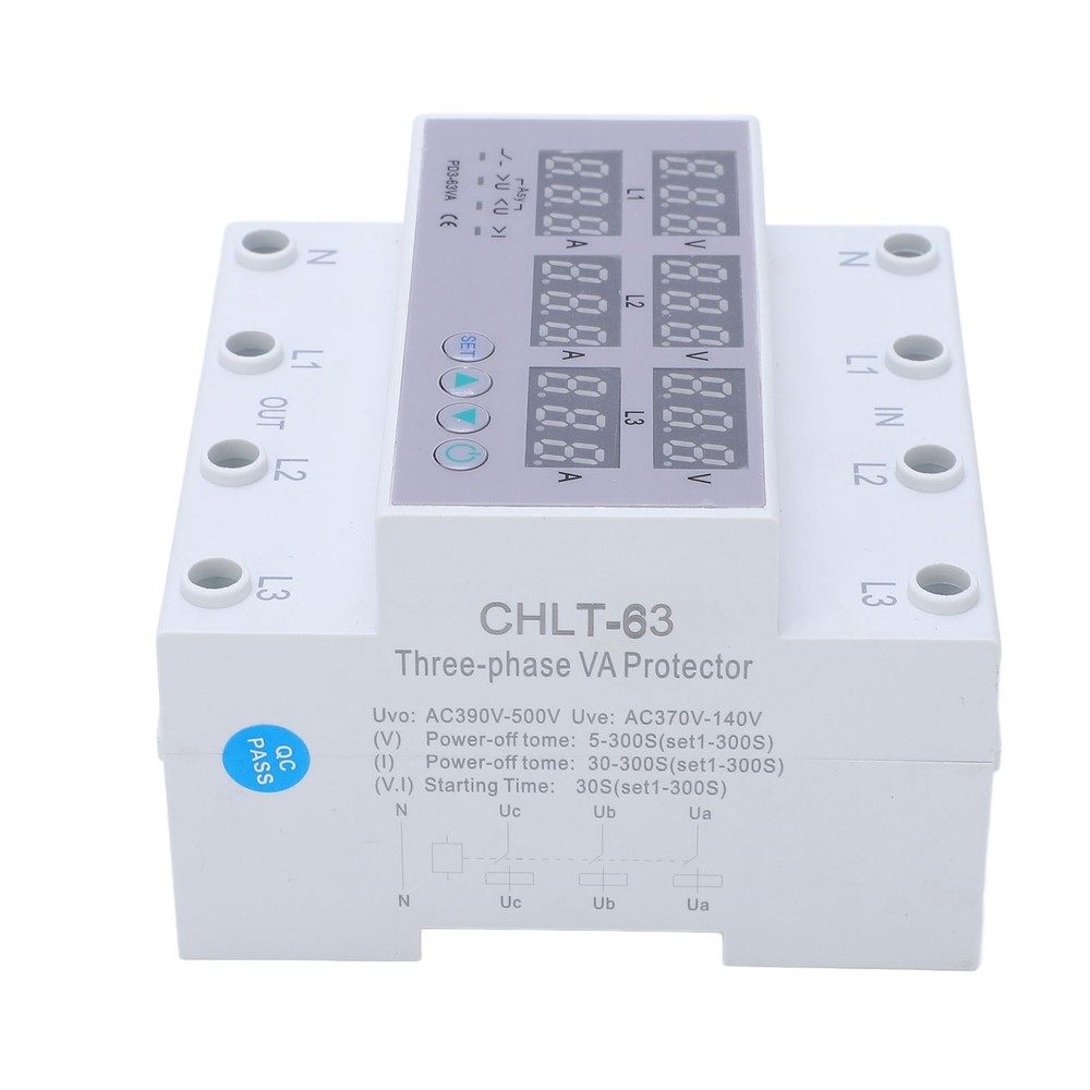 3 Phase DIN Rail Voltmeter Ammeter Auto Overvoltage Overcurrent Protector AC 63A