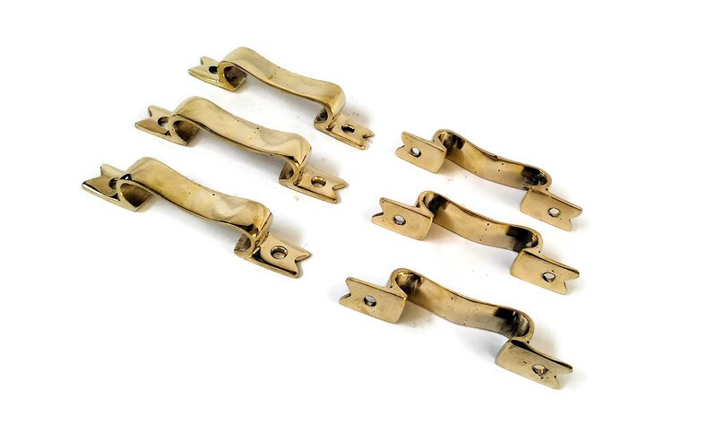 6 PULLS 4" handle heavy ribbon solid heavy brass old style kitchen GRAB 10 cm