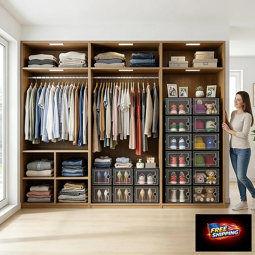 Kuject Activated Charcoal Shoe Organizer, 12 Pack XL Clear Plastic Stackable Sho