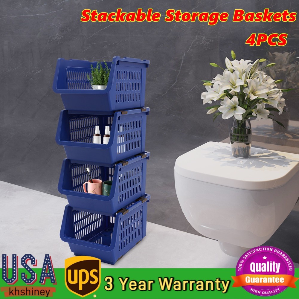 4 PCS Stacking Storage Baskets, PP Plastic Stackable Organizer Bins 76x34x24cm