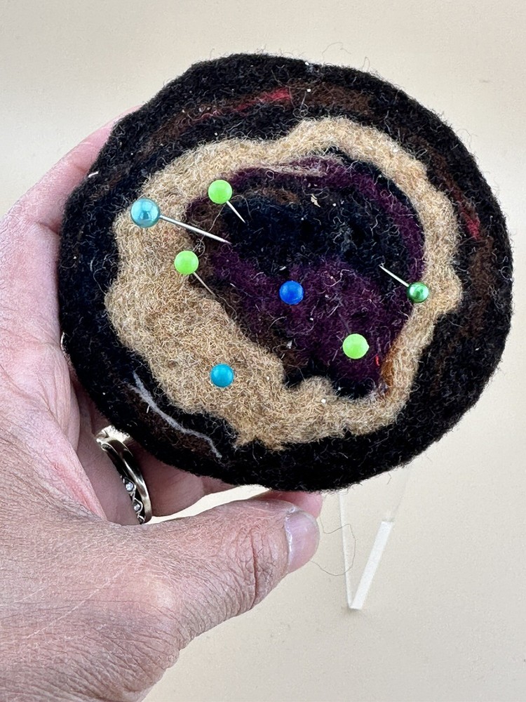 Felted Wool Pin Cushion Handmade Abstract Round Chocolate