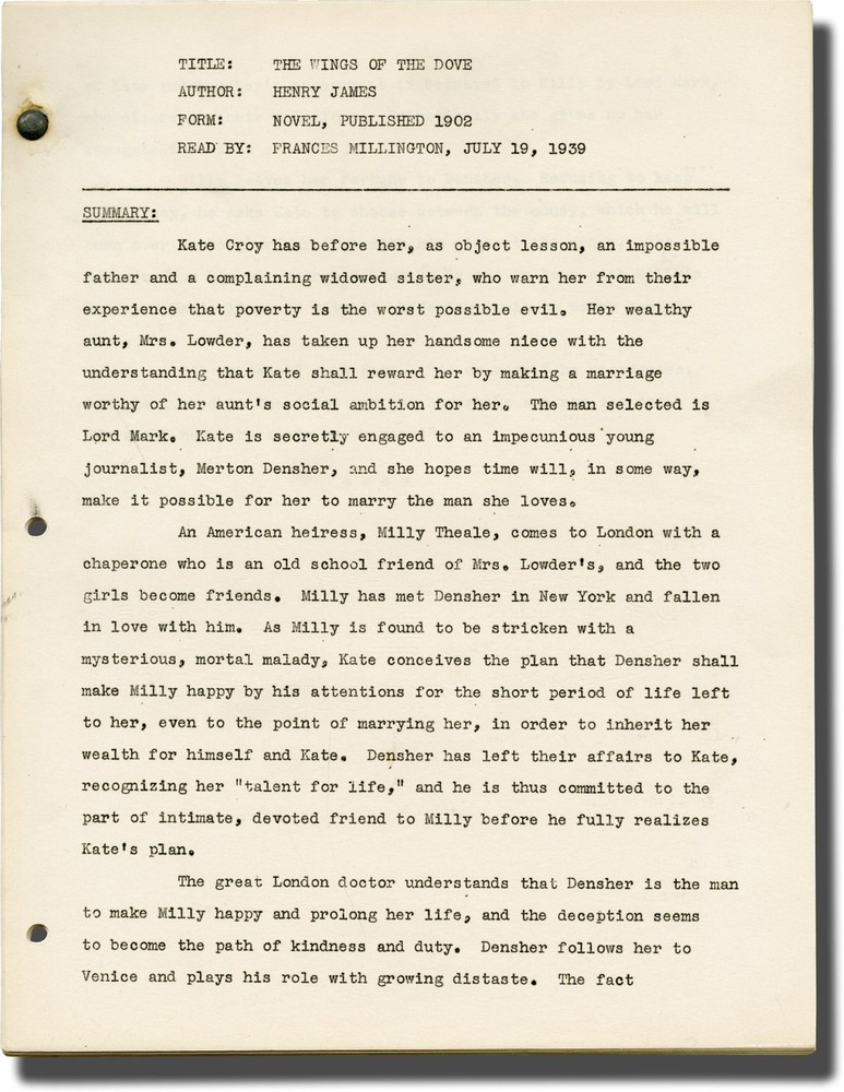 Henry James WINGS OF THE DOVE Reader's Notes script for an unproduced #143473