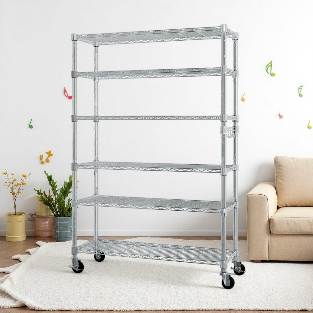 6-Tier Rolling Wire Shelving Unit - Heavy Duty, Adjustable, Silver & Hooks