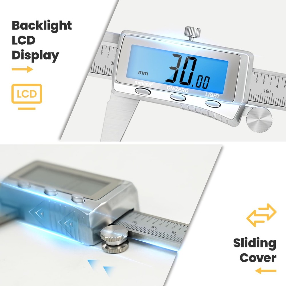 Digital Caliper, Rechargeable Caliper Measuring Tool with Backlight LCD Scree...