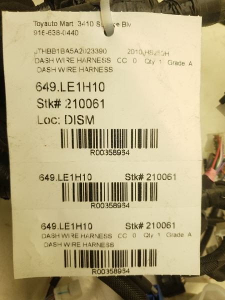 10 LEXUS HS250H DASH WIRE HARNESS