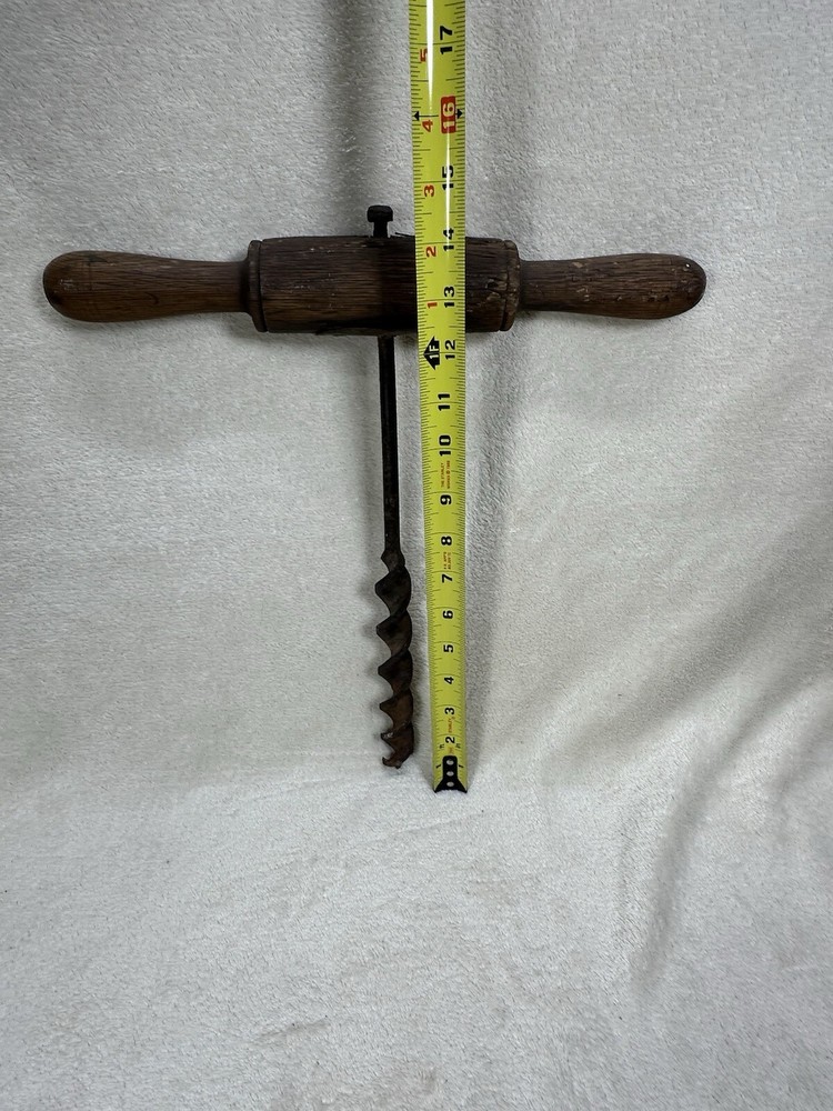 Antique Hand Drill Tool Wooden T- Handle