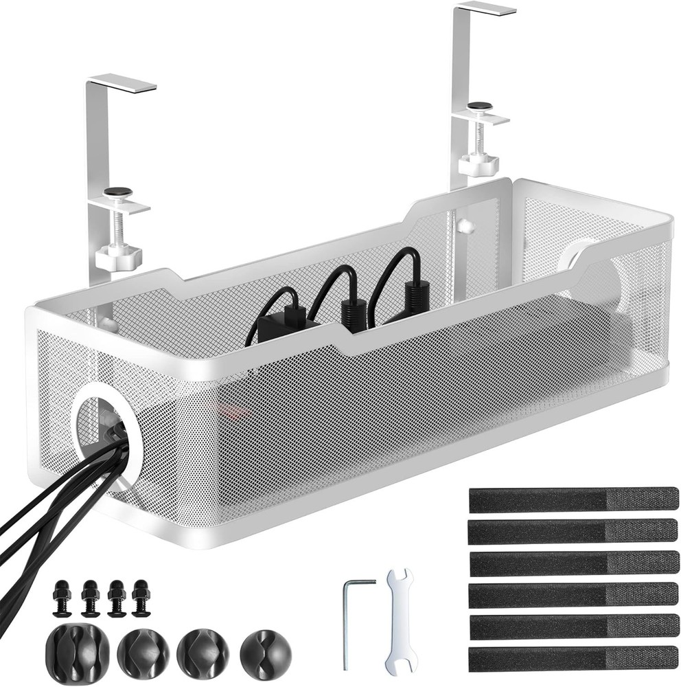 Versatile Under Desk Cable Organizer - Includes Clips & Ties, White Metal Design