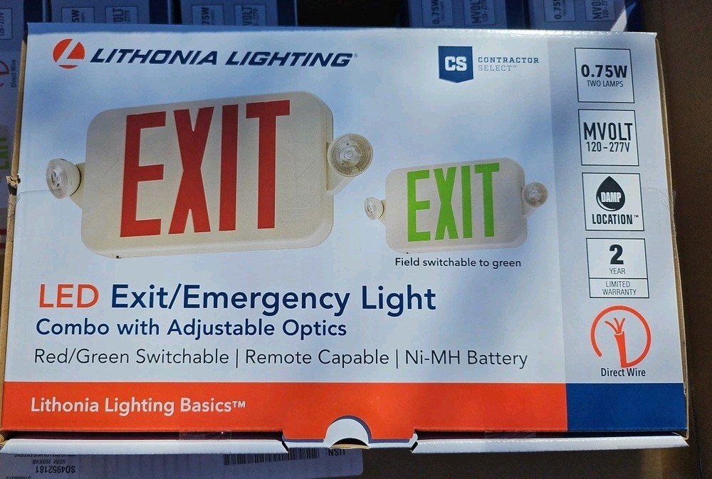 LITHONIA LED EXIT & EMERGENCY LIGHT SIGN COMBO ADJUSTABLE OPTICS RED/GREEN NEW