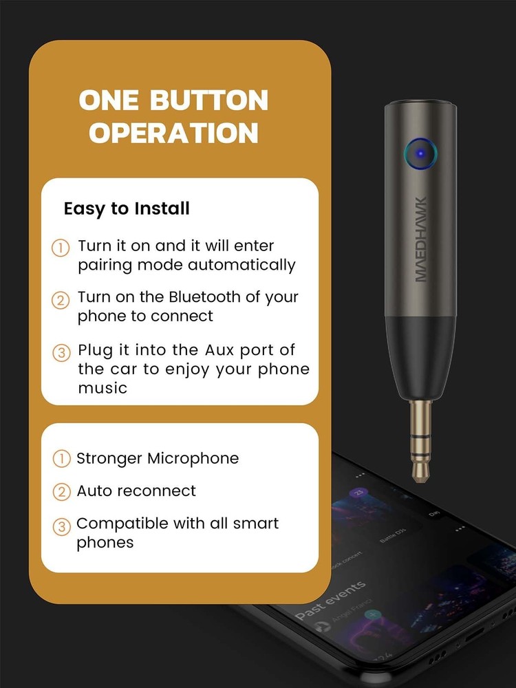 MaedHawk 5.3 Car Bluetooth Aux Adapter 3.5mm Wireless Audio Receiver Small