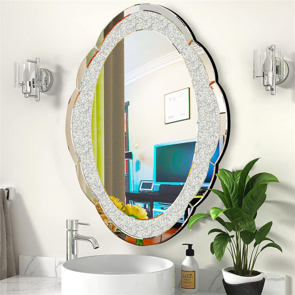 Sparkly Crystal Crushed Diamond Wall Mirror Oval Accent Mirror Bathroom Hallway