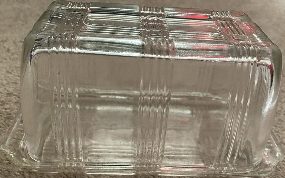 Vintage Clear Glass Rectangular Covered Butter Dish with Lid, Geometric Pattern