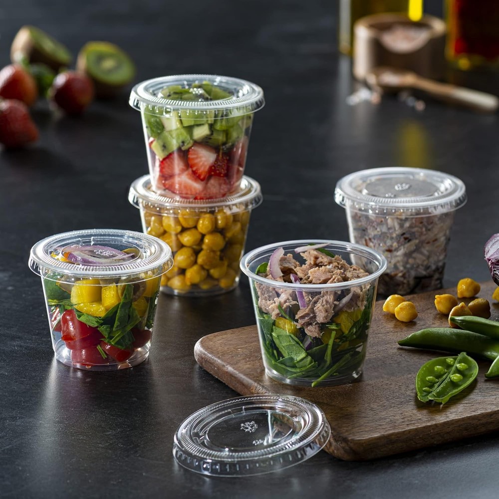 100 Clear Plastic Portion Cups 5.5 oz with Leak-Resistant Lids for Dips & Sauces