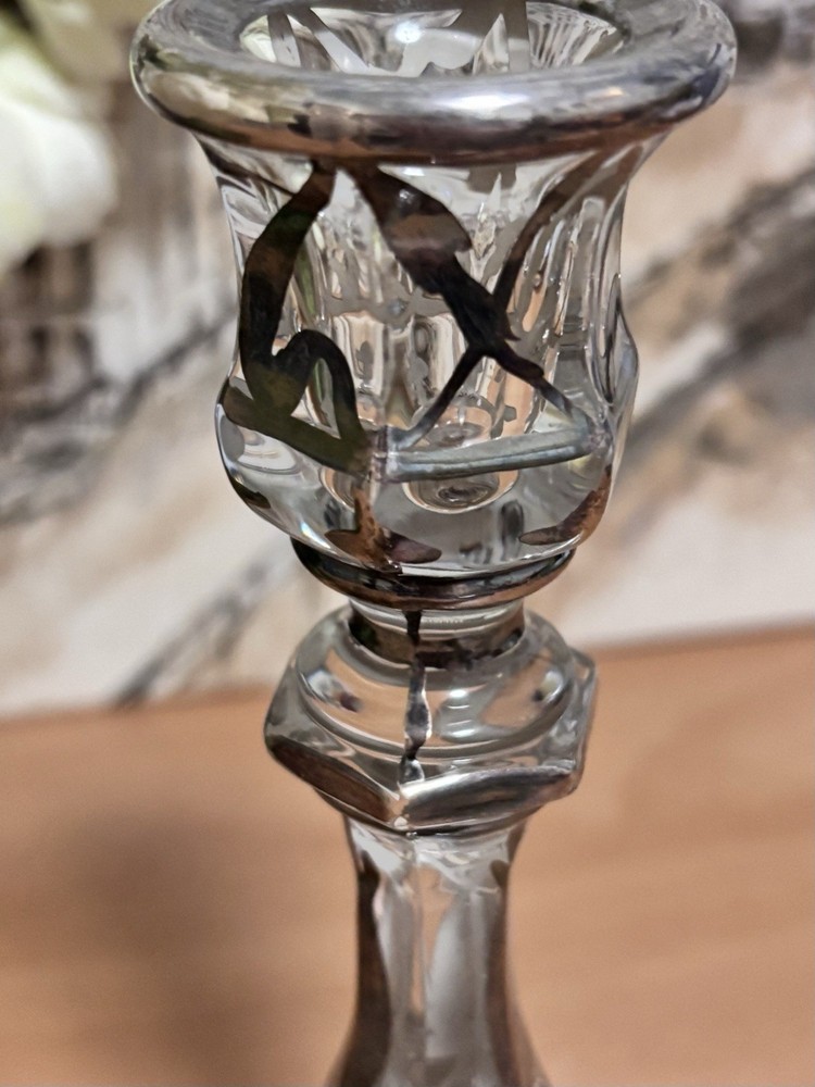 Vintage Art Deco Crystal Classic Candleholder Patterned Over In Silver. EUC .