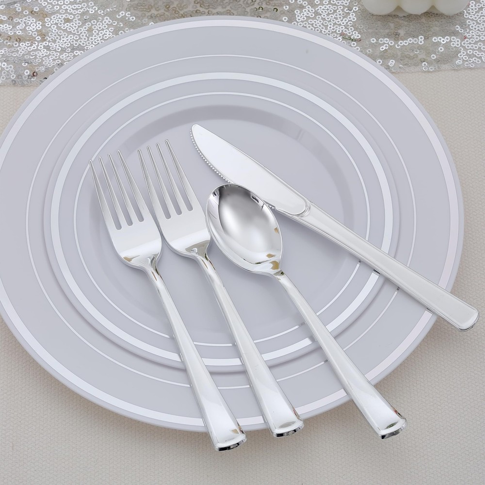 400 PCS Silver Plastic Silverware Set,Disposable Cutlery Set Heavy Duty Flatw...