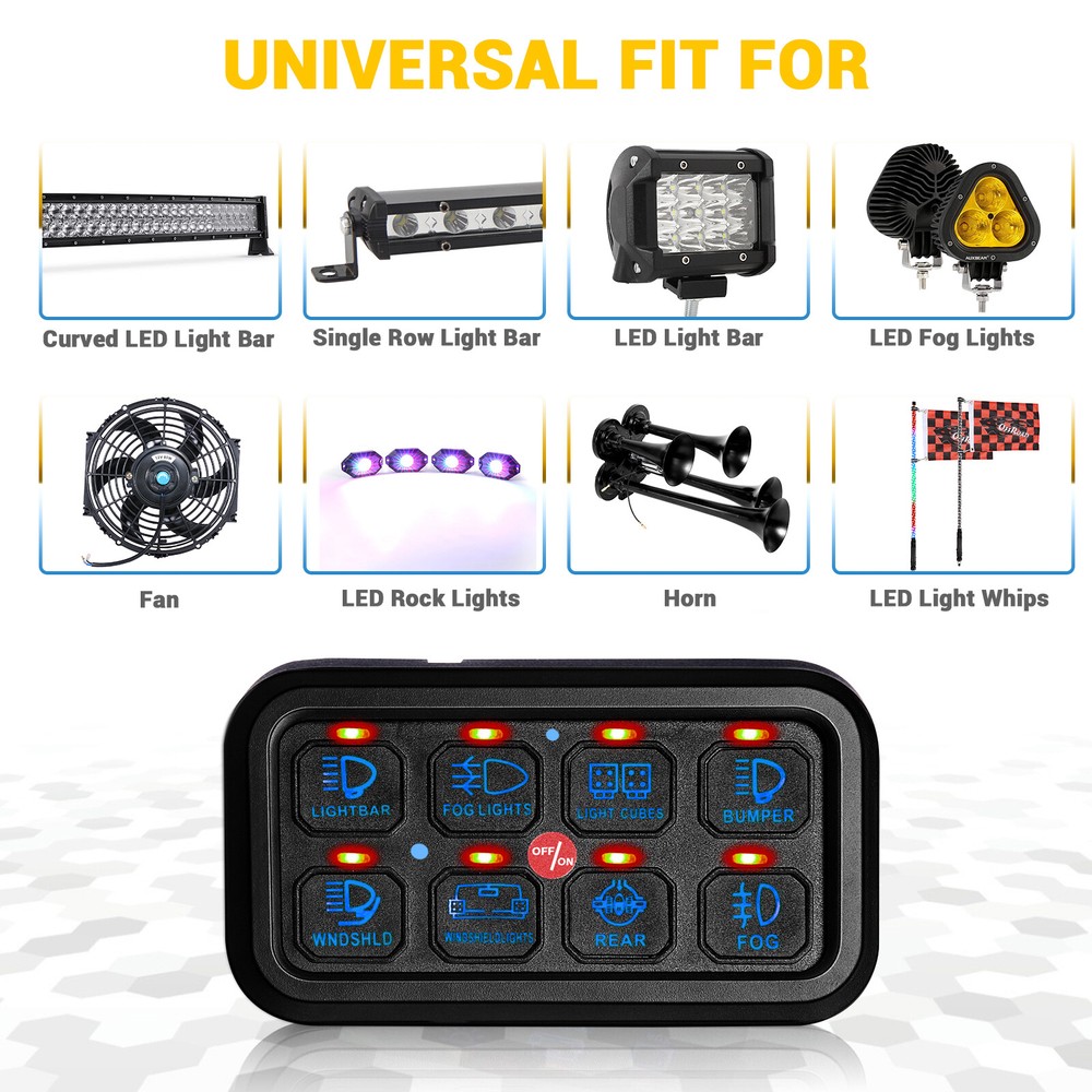 Universal UTV 8 Gang 1200W LED Work Light Relay Control Switch Panel Toggle Blue