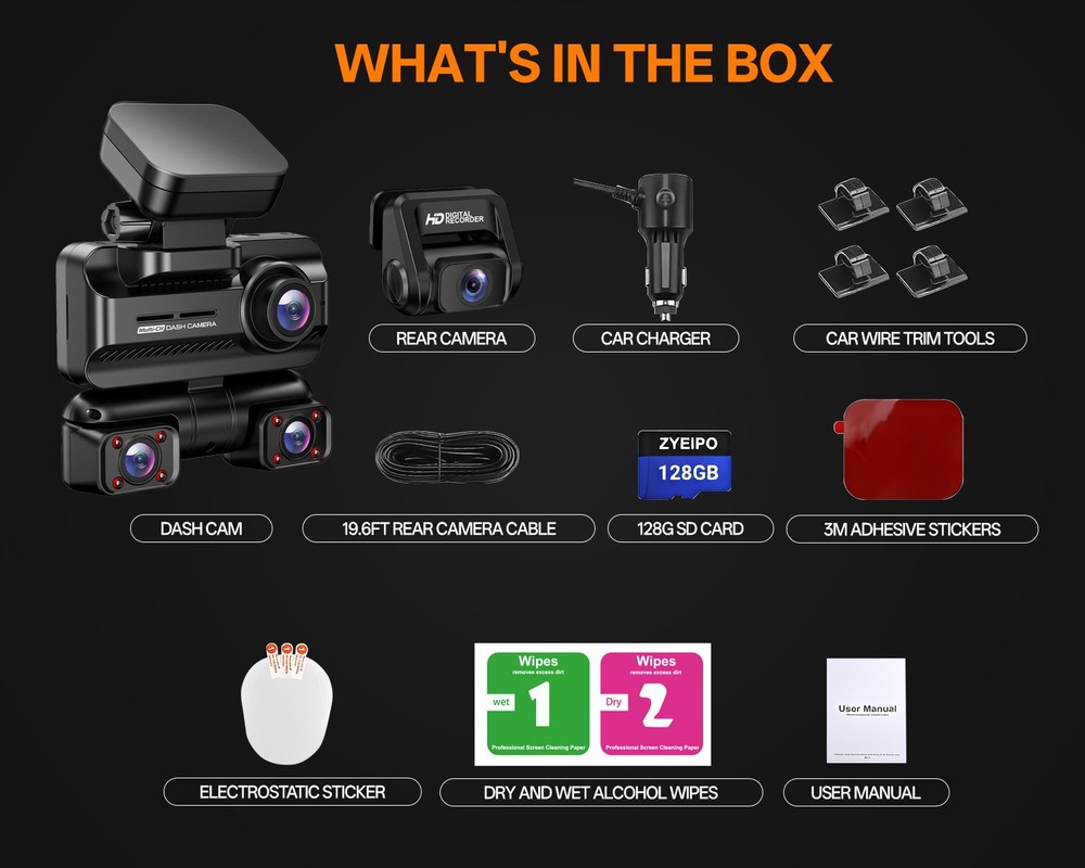 360° Front Rear Inside Dash Cam Loop Recording G-Sensor Dashcam 3.18” IPS Screen