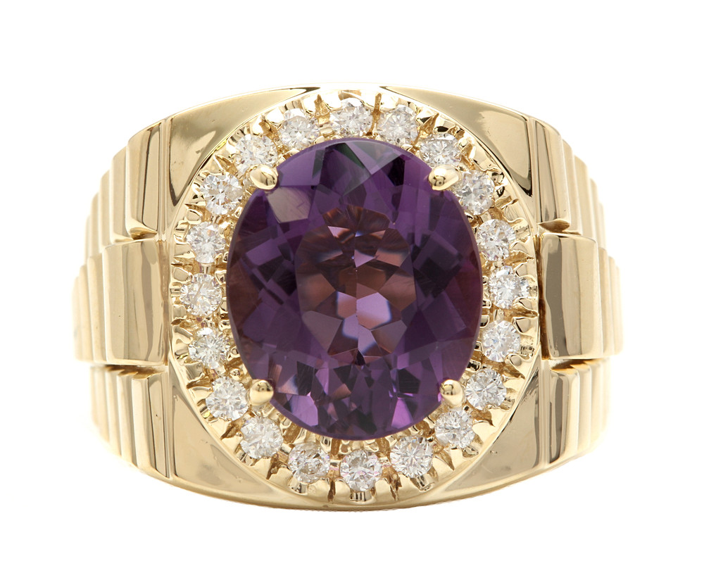 Purple Amethyst Diamond Men's Ring 10K Solid Yellow Gold Statement Ring