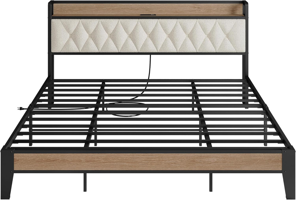 King Bed Frame, Storage Headboard with Charging Station, Platform Bed Frame with