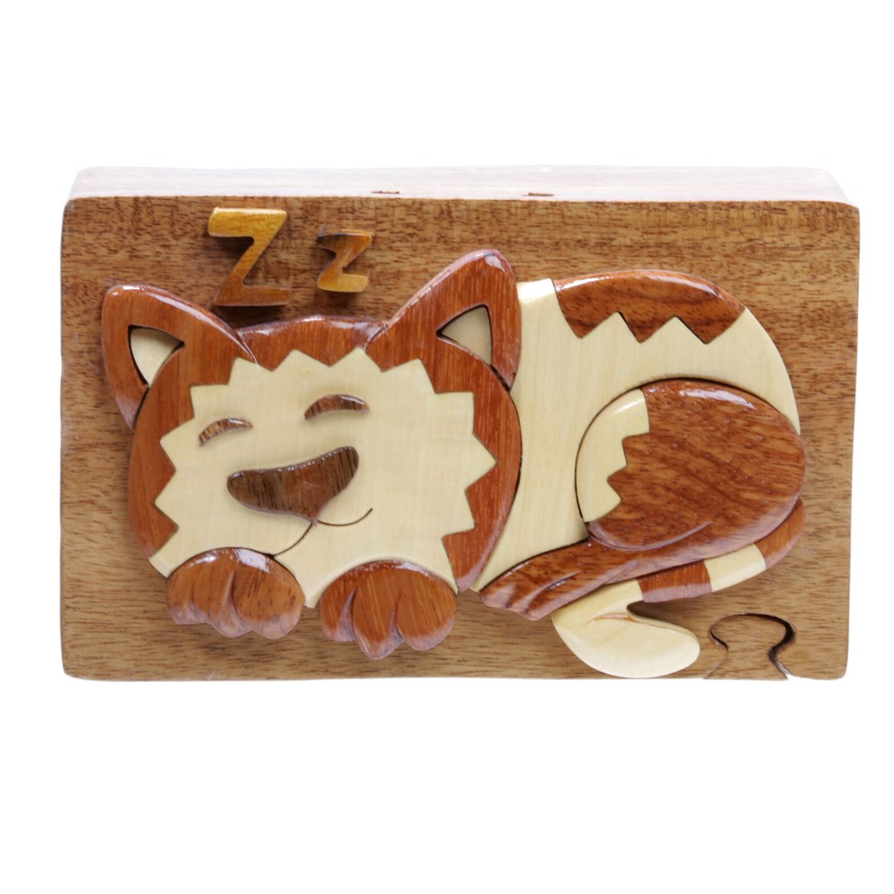 Wooden Rectangular Sleeping Kitty Secret Jewelry Puzzle Box - Sleeping Ca
