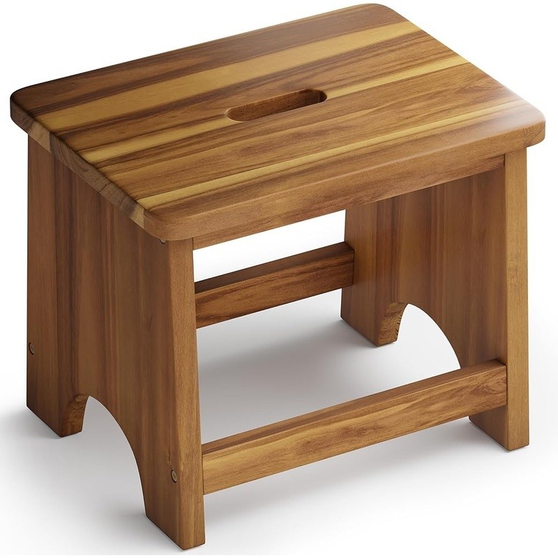 Acacia Wood Step Stool Sturdy Construction Non-Slip Handle Multipurpose Use
