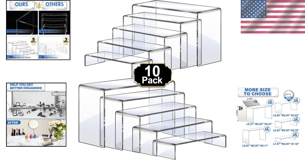 Space-Saving 10 Pcs Acrylic Riser Display Set - Clear Shelves for All Occasions