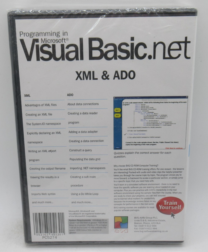 PROGRAMMING MICROSOFT VISUAL BASIC.NET XML & ADO INTERACTIVE TRAINING PC CD-ROM